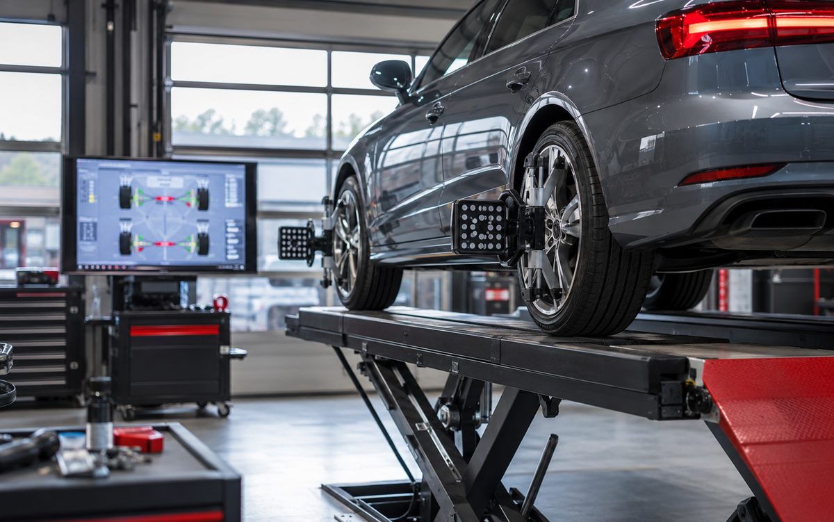 3D-Achsvermessung eines Fahrzeugs auf dem Prüfstand bei Reifen Petschak