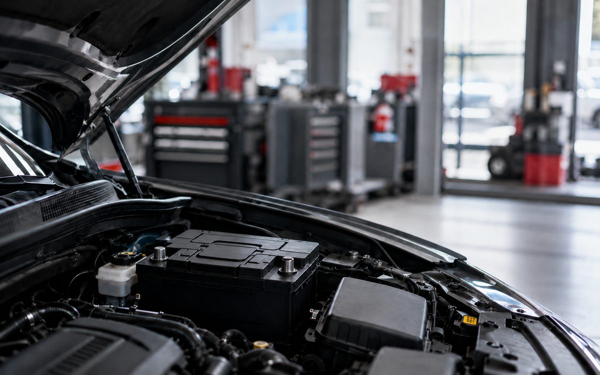 Autobatterie im Motorraum – Batterieservice bei Reifen Petschak