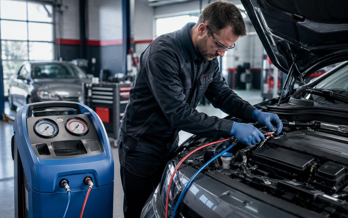 Klima-Service am Fahrzeug mit Klimaservicegerät bei Reifen Petschak